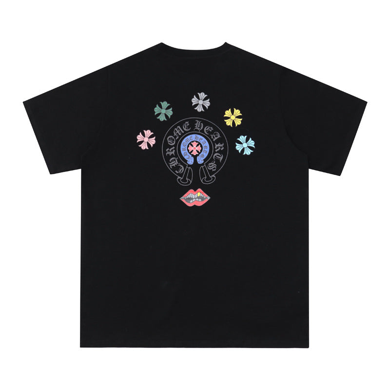 Chrome Heart T Shirts Cross Leather Print Short Sleeve T-Shirt Loose