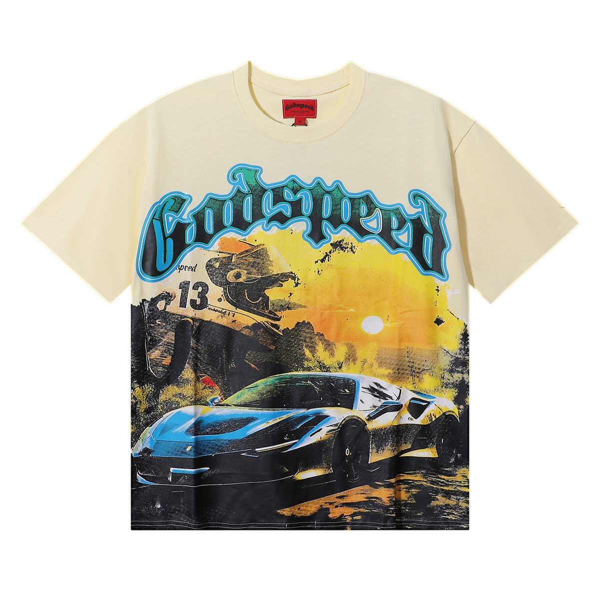 Godspeed T-shirts Racing Sunset Print Cotton Crew Neck Short Sleeve Men and Women