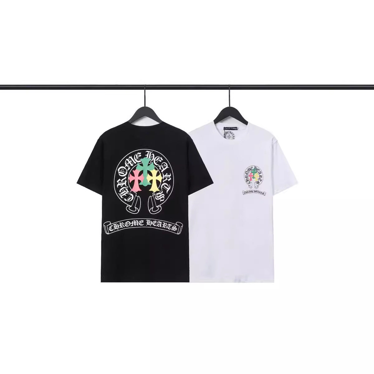 Chrome Heart T Shirts Crowe Scroll Heart Color Cross Print Crew Neck Short Sleeve