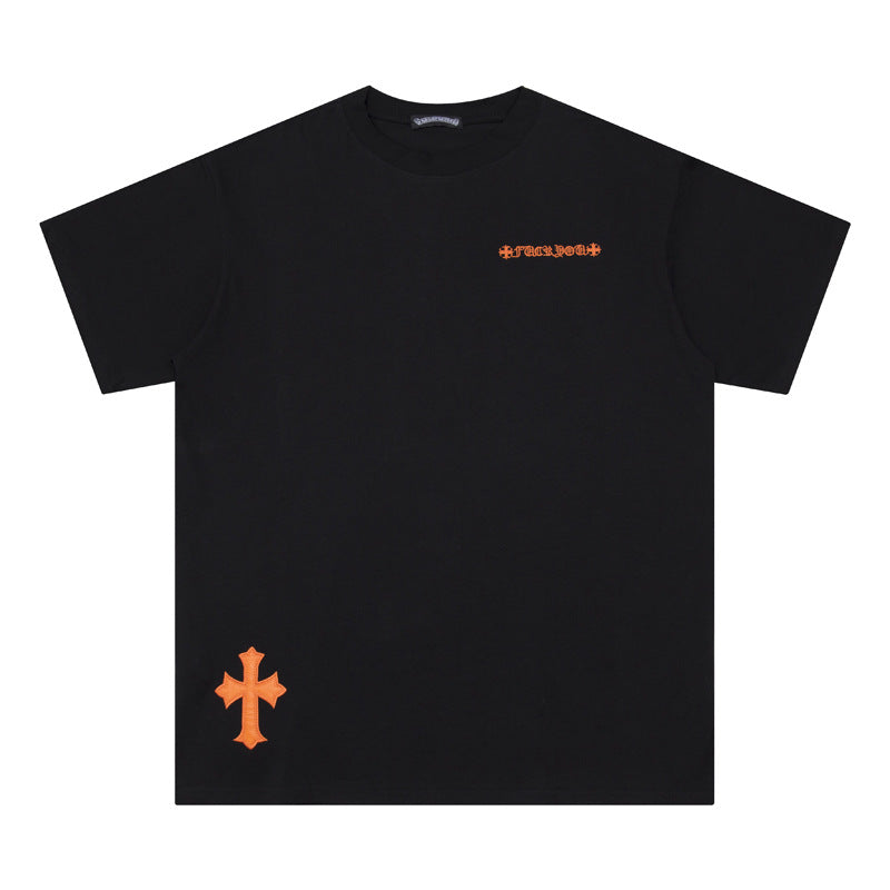 Chrome Heart T Shirts Cross Leather Print Short Sleeve T-Shirt Loose